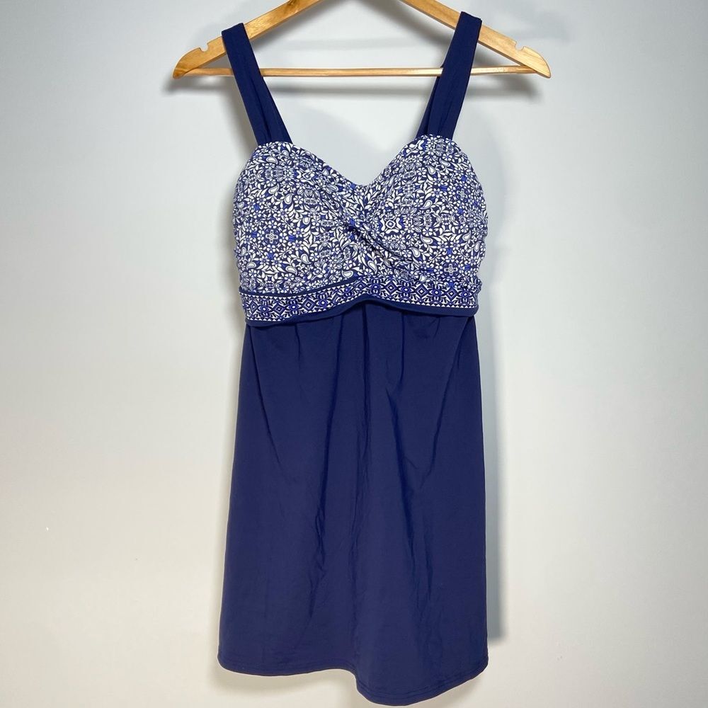 Lands End Swim Dress Underwire Blue White Modest Coastal Grandma  Beach Size 6D